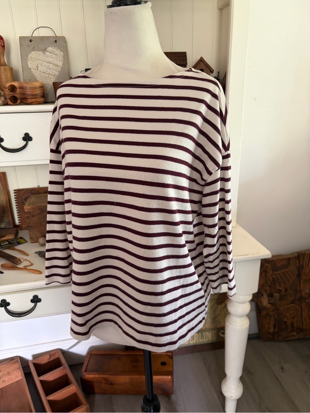 Muji Striped Boatneck Women's Top in Ivory and Burgundy